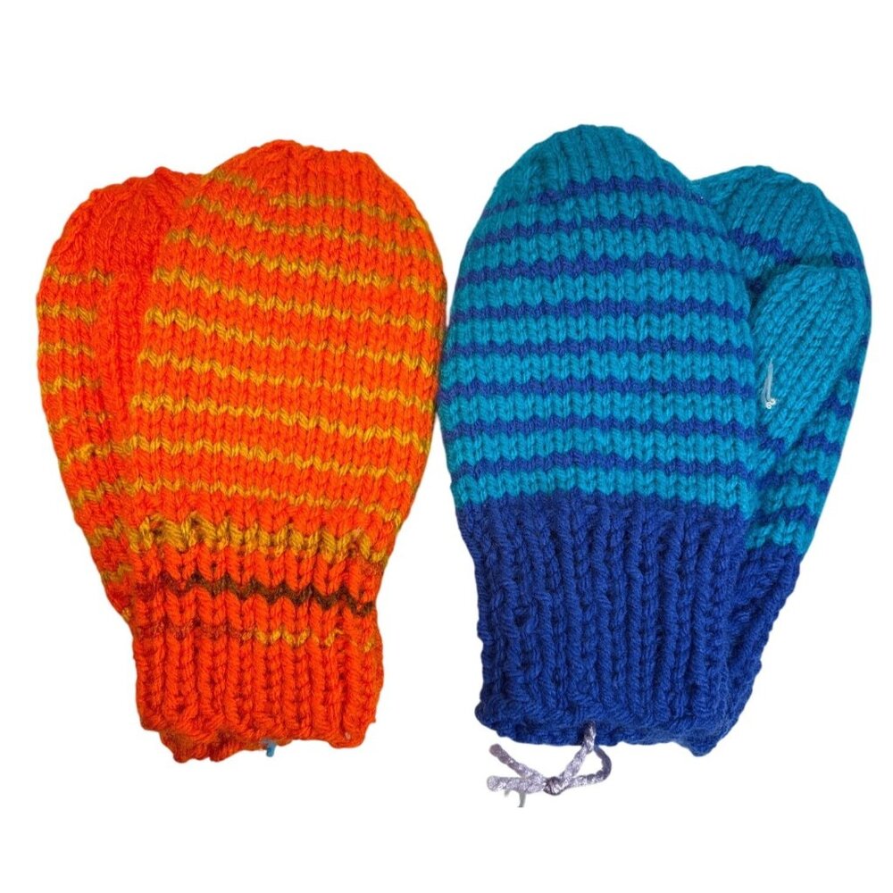 Hand Knit Mittens Kids Striped Orange & Blue 7.5" Long 2 pairs Winter New